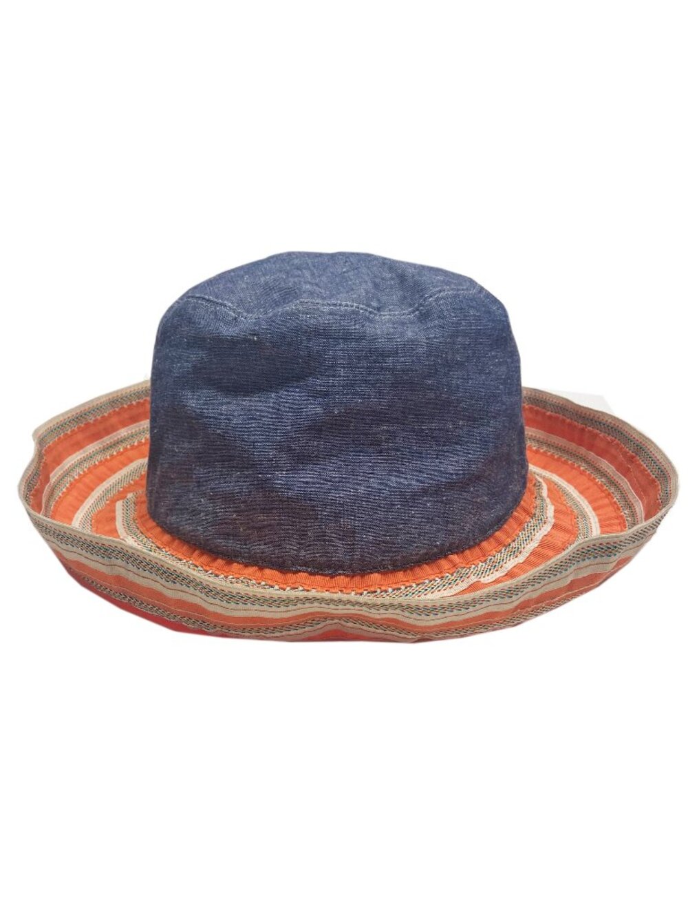 Grace Hats Sea Stripe Sun Hat Blue Chambray Orange Ribbon 22" Circumference